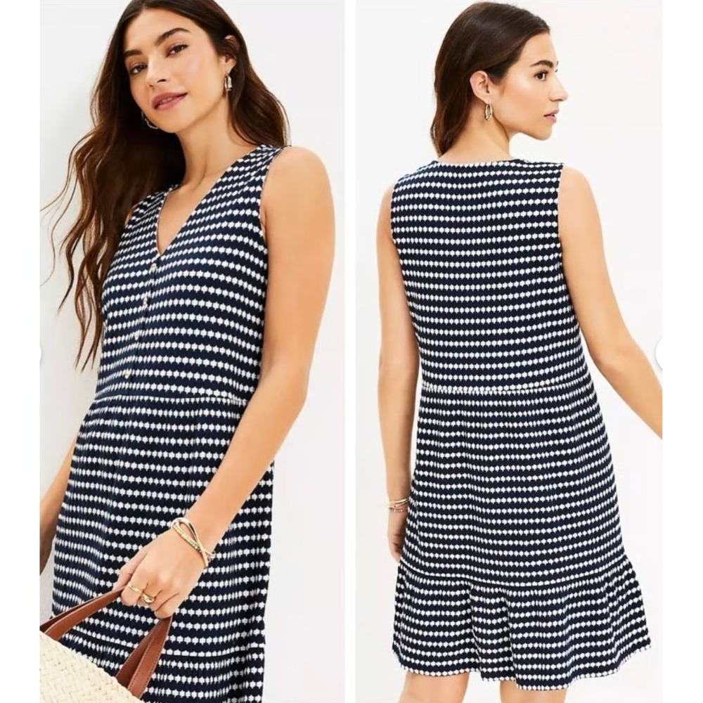 Loft Jacquard Dress Navy Blue White Button V-Neck Sleeveless Dress XSP XS Petite - Picture 2 of 14